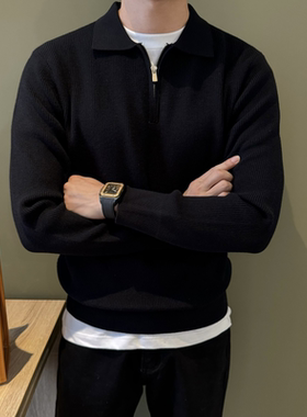 NR先生黑色通勤肌理纹半拉链针织衫男长袖打底翻领polo毛衣秋冬潮