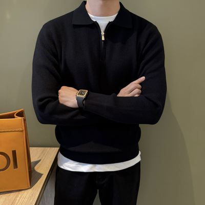 黑色通勤肌理纹半拉链针织衫男