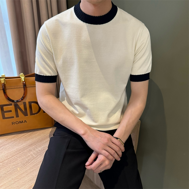 NR先生【老钱撞色】短袖透气针织衫T男圆领拼接设计夏季修身体恤