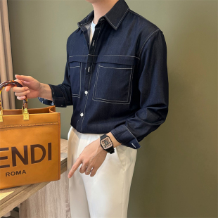 NR先生高街时尚 潮男衬衣缝线拼接双口袋设计款 牛仔衬衫 大牌宽松版