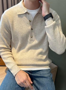 NR先生【33%羊毛】套头翻领男针织衫老钱长袖休闲合身秋冬polo衫