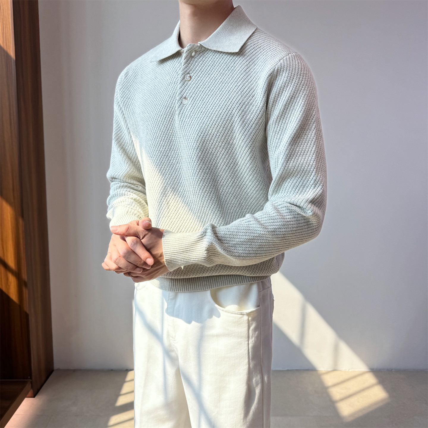 NR先生【肌理斜纹】老钱风翻领针织POLO衫男秋冬套头通勤打底毛衣