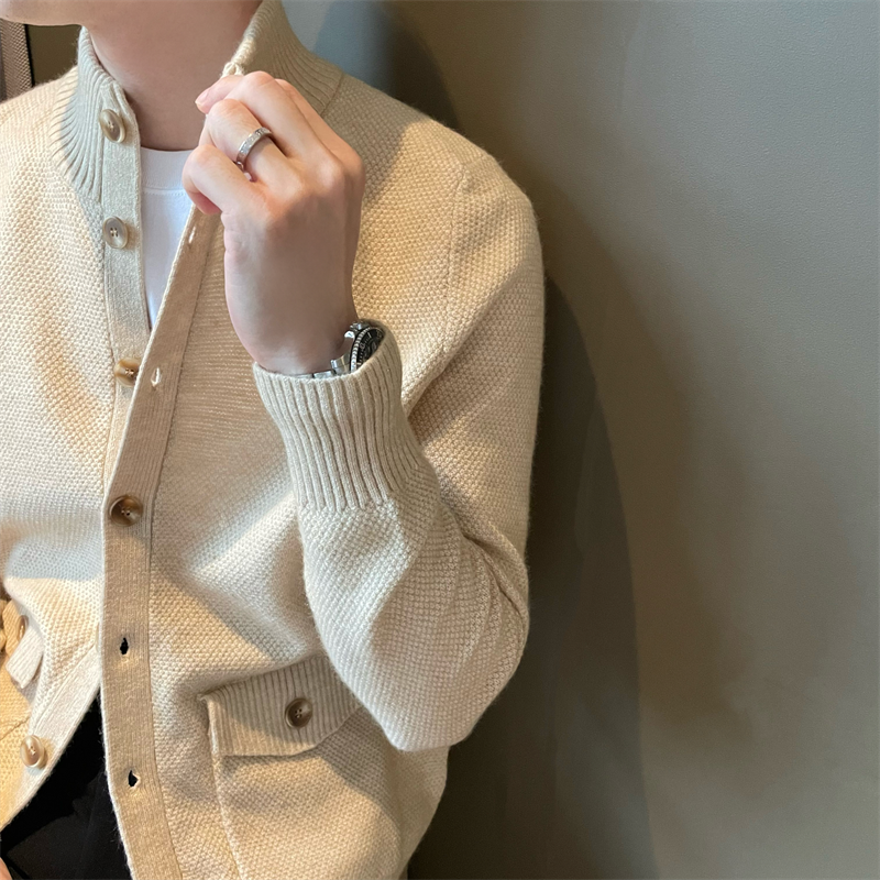 自主原创开衫立领带口袋男毛衣