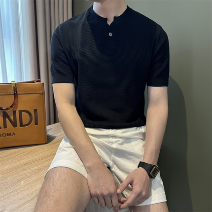 NR先生夏季短袖带弹力亲肤男针织衫T纯色菠萝纹单扣亨利领体恤衫