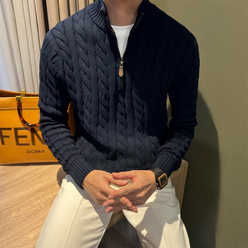 纯棉净色修身半高领拉链针织衫