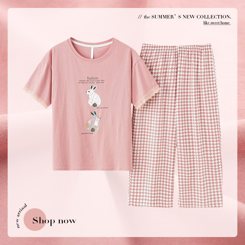 Dream Teng summer lady pajamas pure cotton lace Short sleeved lattice Cropped Trousers Sweet Home Furnishings suitin the Lingerie/Men's underwear/Tracksuit , Pajamas/Slacks  category - from Buy2taobao.com to provide professional Taobao agent buy service