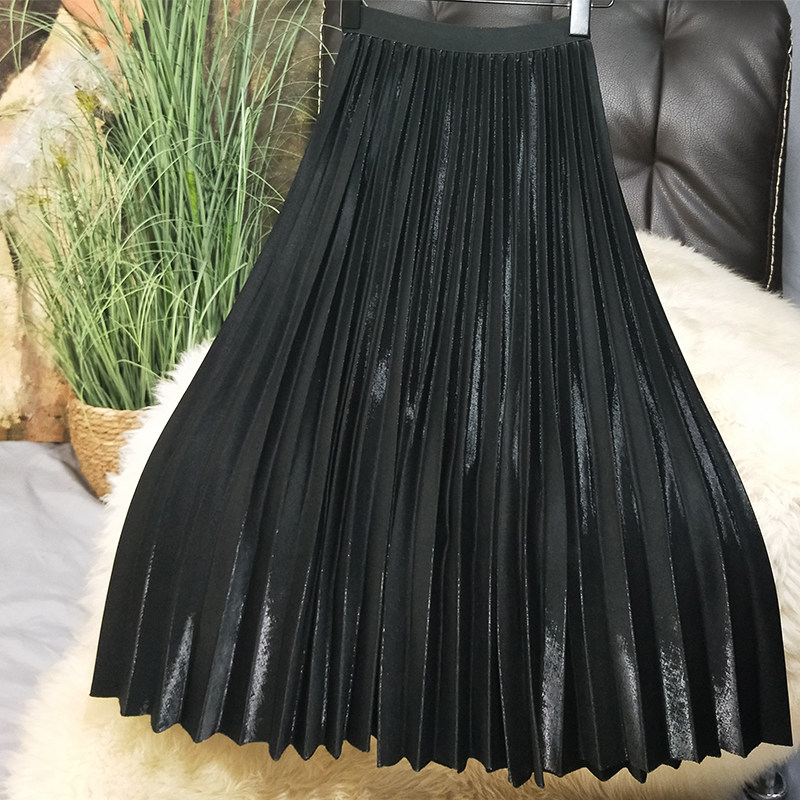 隐隐光泽 垂坠百搭亮丝针织缎面半身裙秋冬女松紧腰风琴百褶