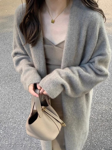 山羊绒三平边V领中长款开衫