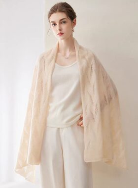 高级感康赛妮100%纯山羊绒围巾镂空树叶披肩轻薄保暖围脖