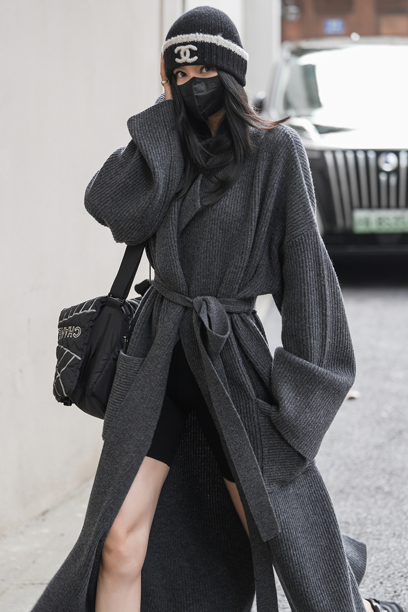 山羊绒长款大衣翻领开衫