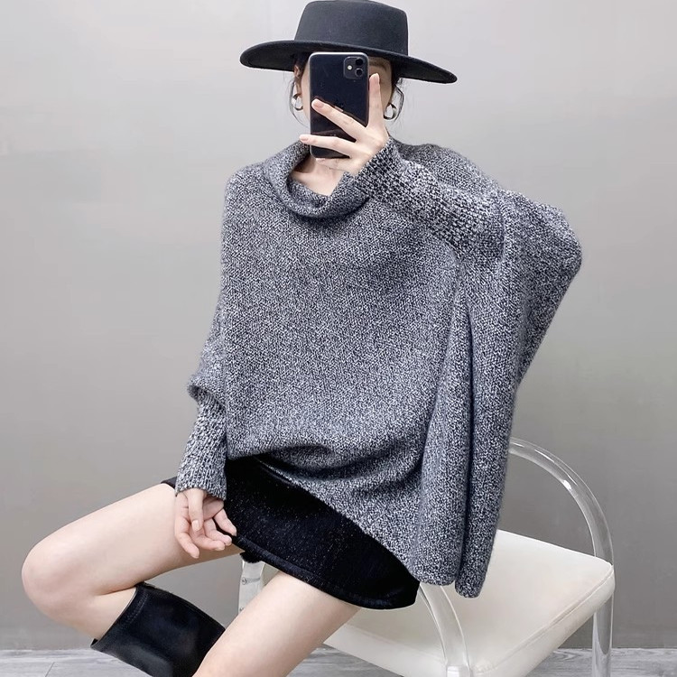 欧美设计高级感山羊绒衫女不规则针织毛衣时尚慵懒蝙蝠袖针织上衣