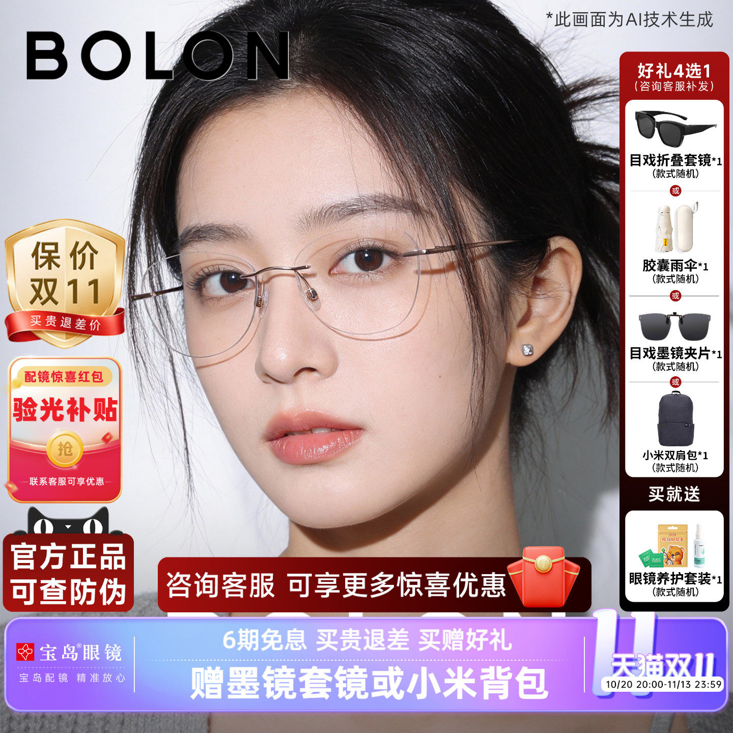 暴龙无框近视眼镜架蝶形钛合金气质可配度数镜片光学镜框女BT1592