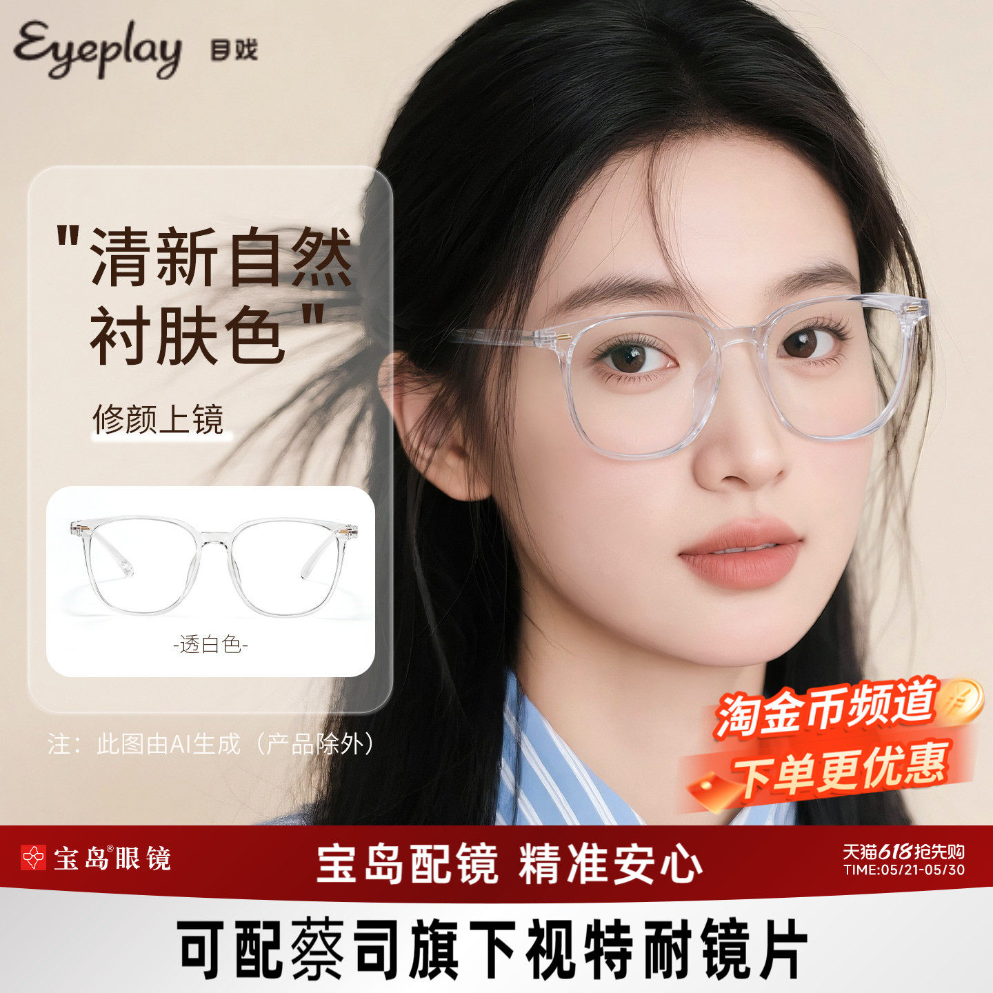 目戏素颜透明眼镜女眼镜框大框可配近视度数可选防蓝光镜片1068C