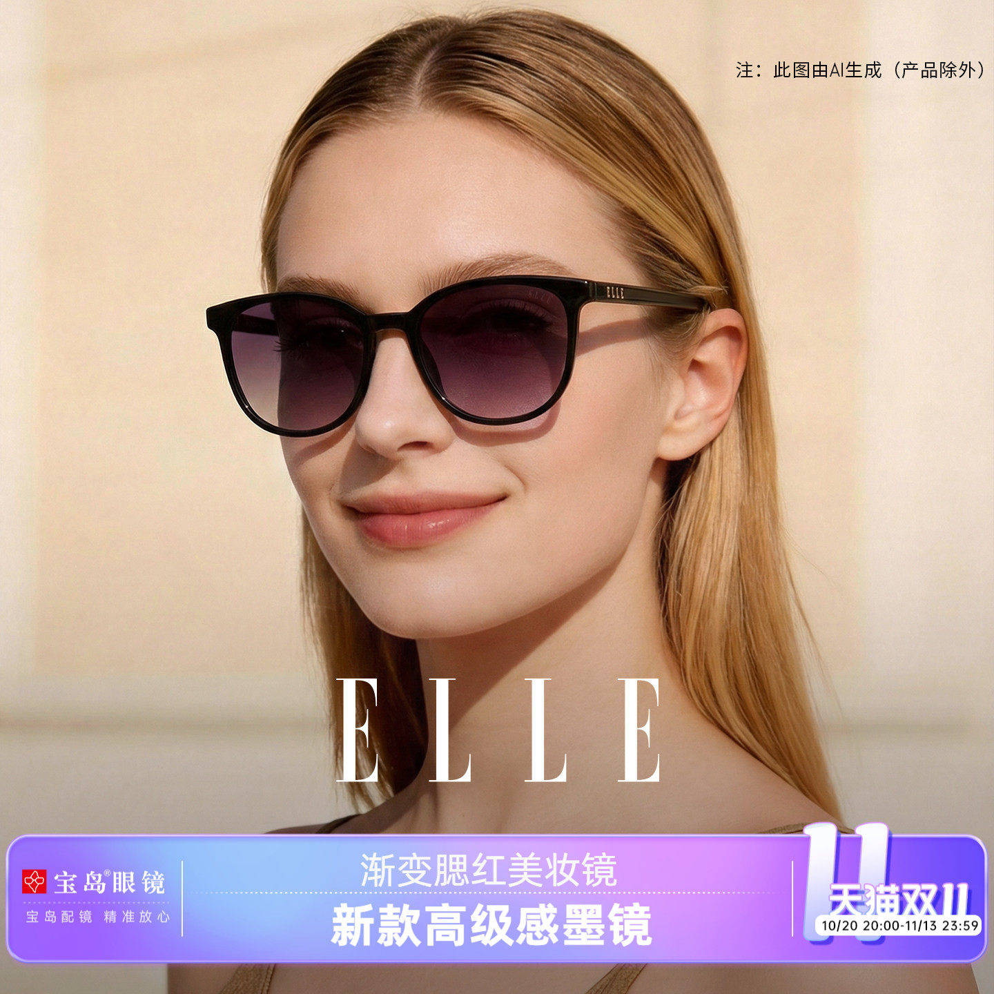 ELLE落日渐变紫粉色大框墨镜女款腮红美妆镜2026新款太阳镜女3010