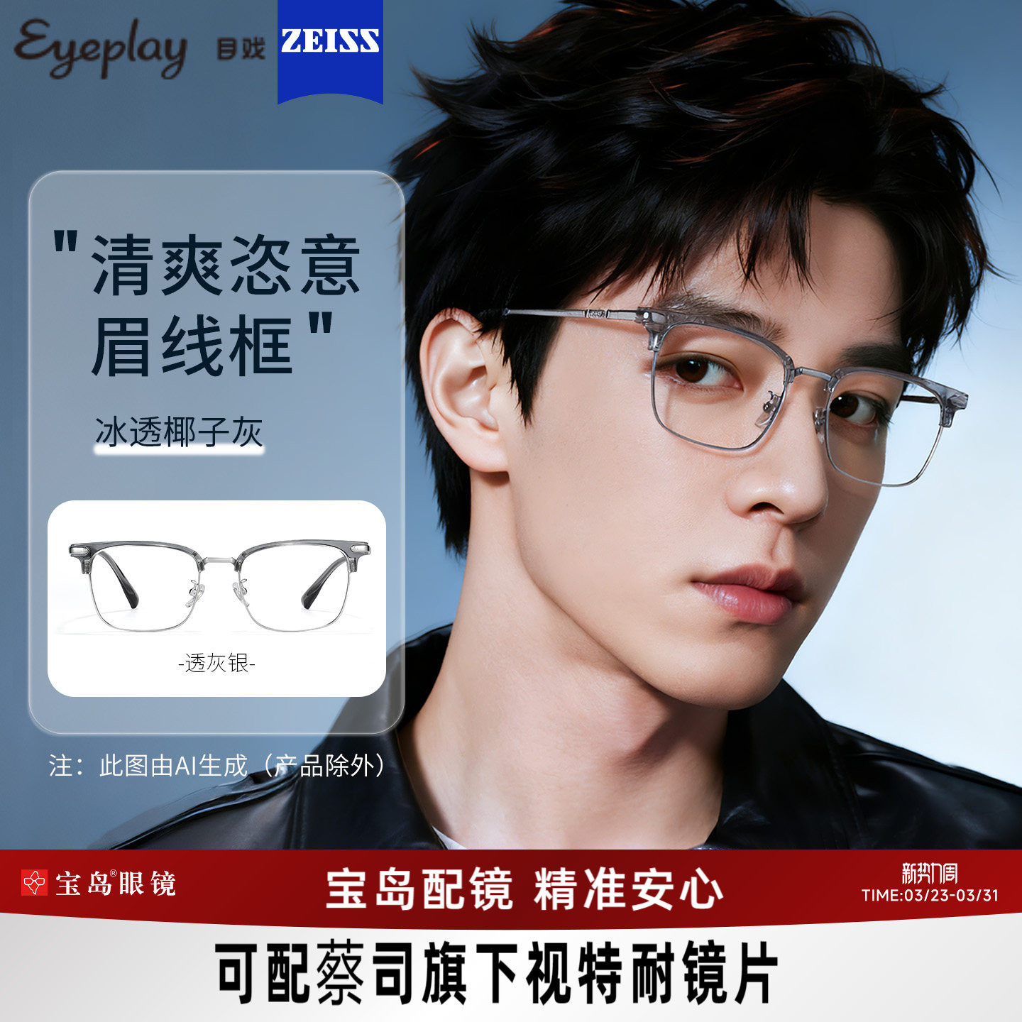 目戏透明斯文近视眼镜可配蔡司度数可选防蓝光眼镜框镜架男71009