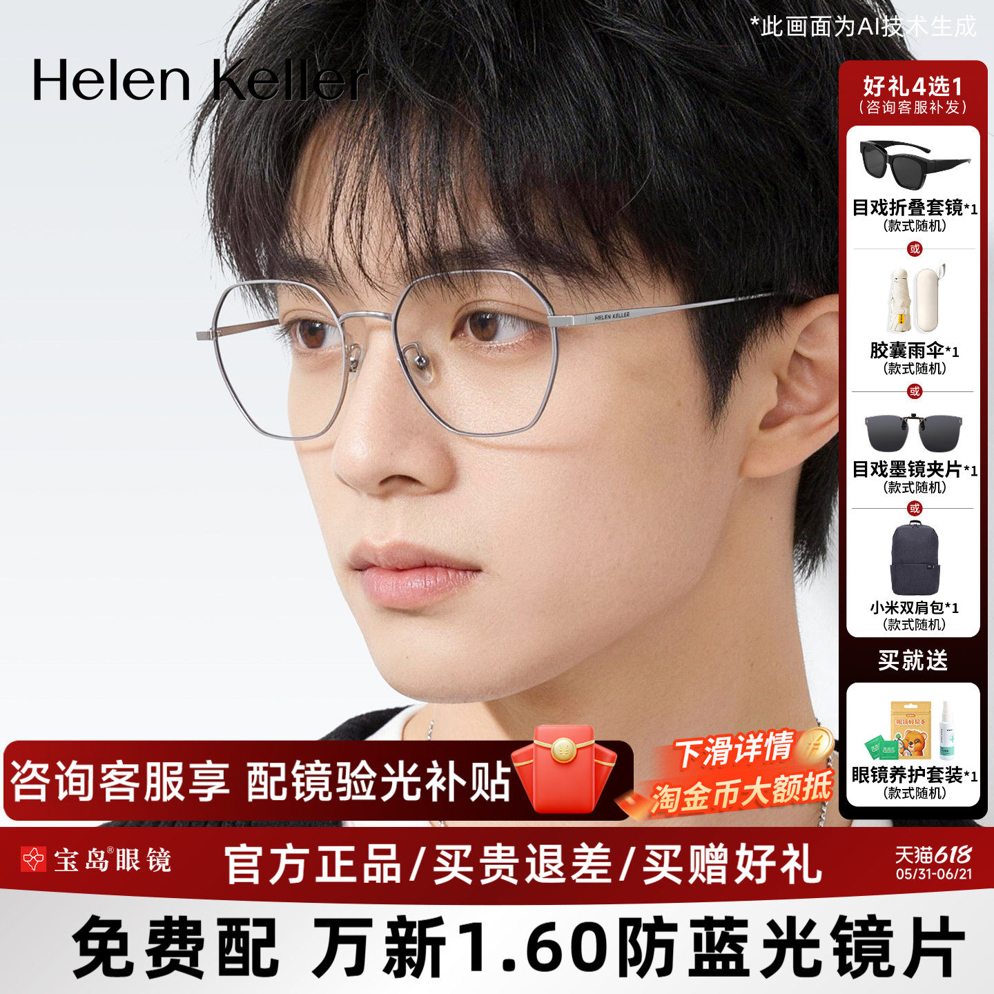海伦凯勒近视眼镜框男新品时尚百搭多边修颜可配度数镜架女H82066