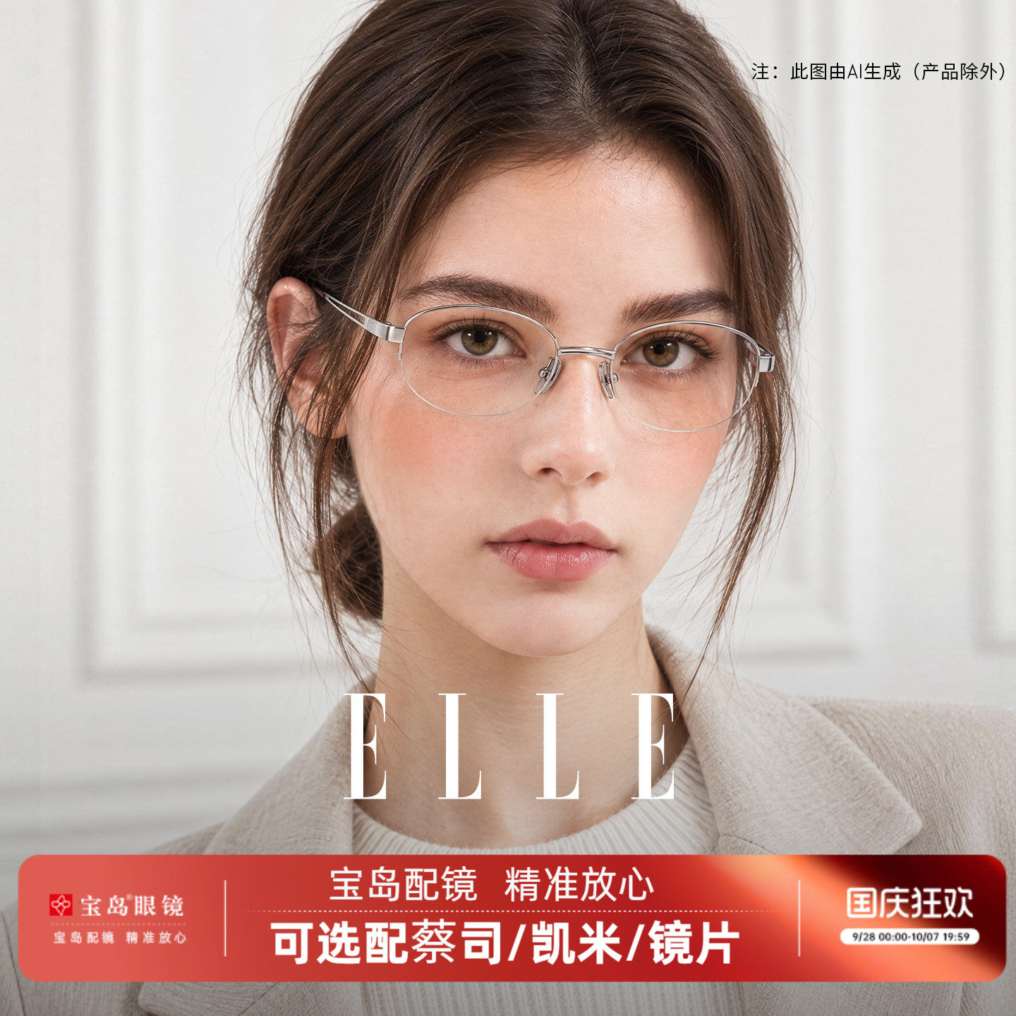 ELLE老钱风高智感金属半框眼镜女