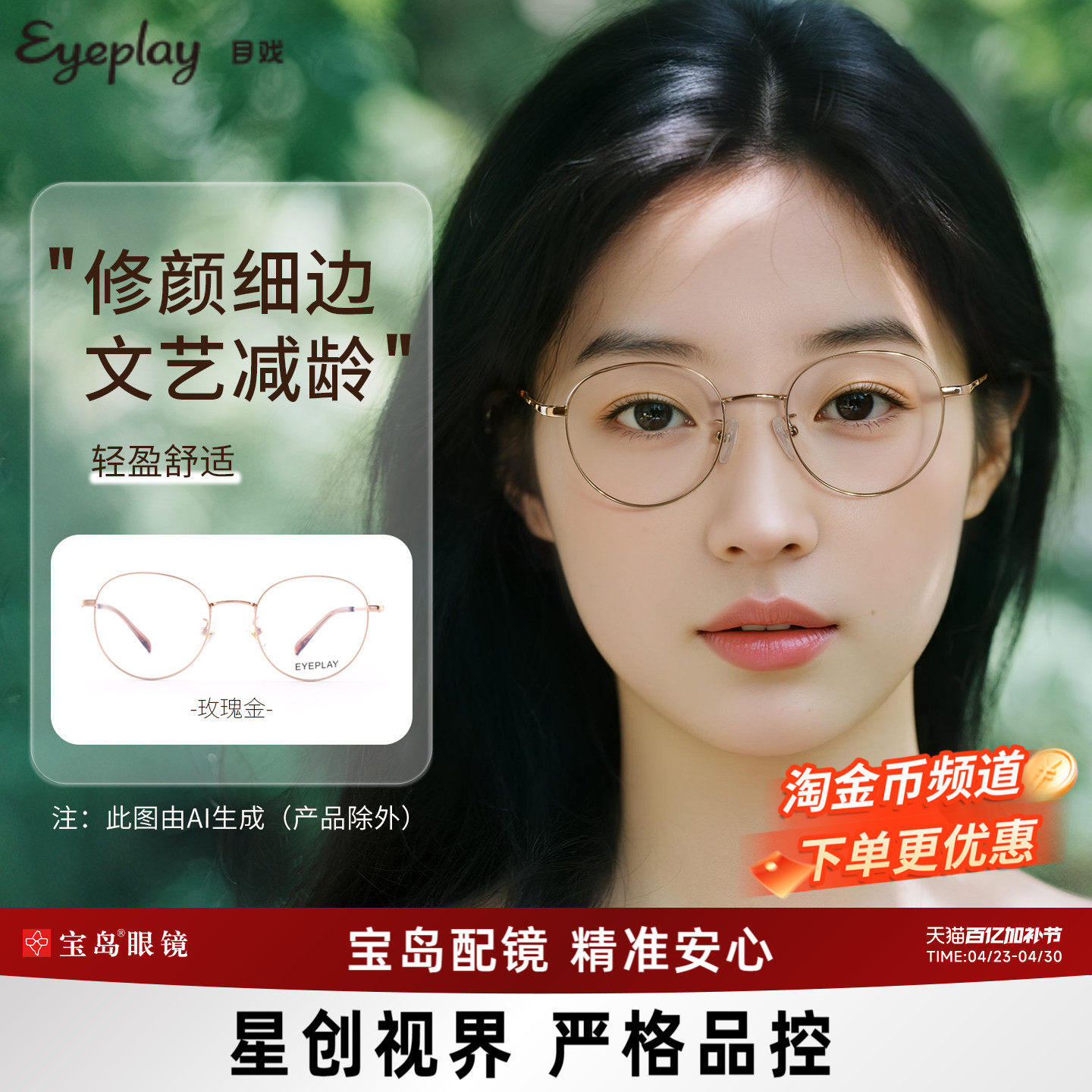 目戏轻盈钛合金镜腿近视眼镜女小框文艺圆框可配1.67轻薄镜片1059