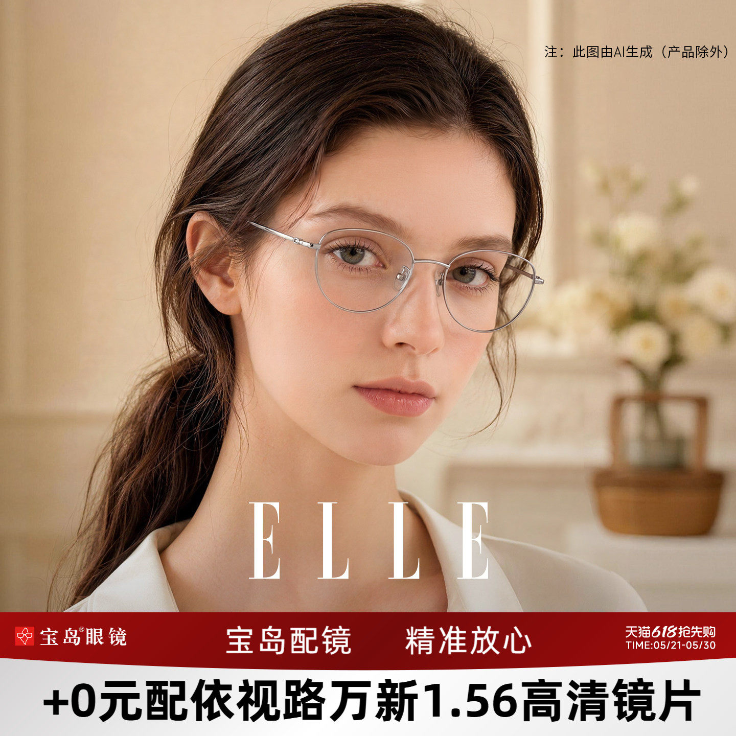 ELLE金属猫眼近视眼镜框架女可配度数可选蔡司镜片防蓝光眼镜70