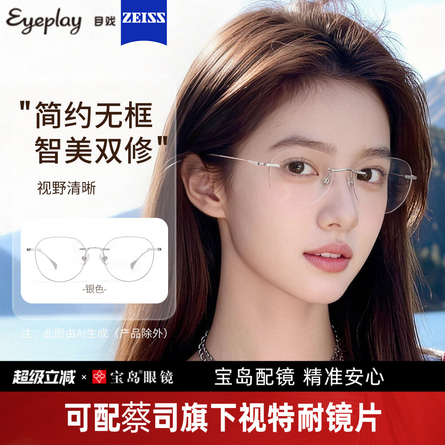 目戏高智感无框近视眼镜女可配度数可选防蓝光眼镜框镜架男23007