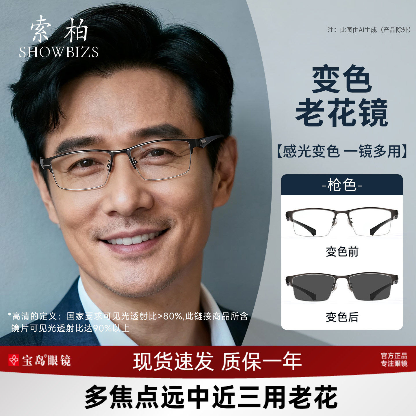 索柏变色老花镜男式分区调节度数远中近三用防蓝光老花眼镜男款