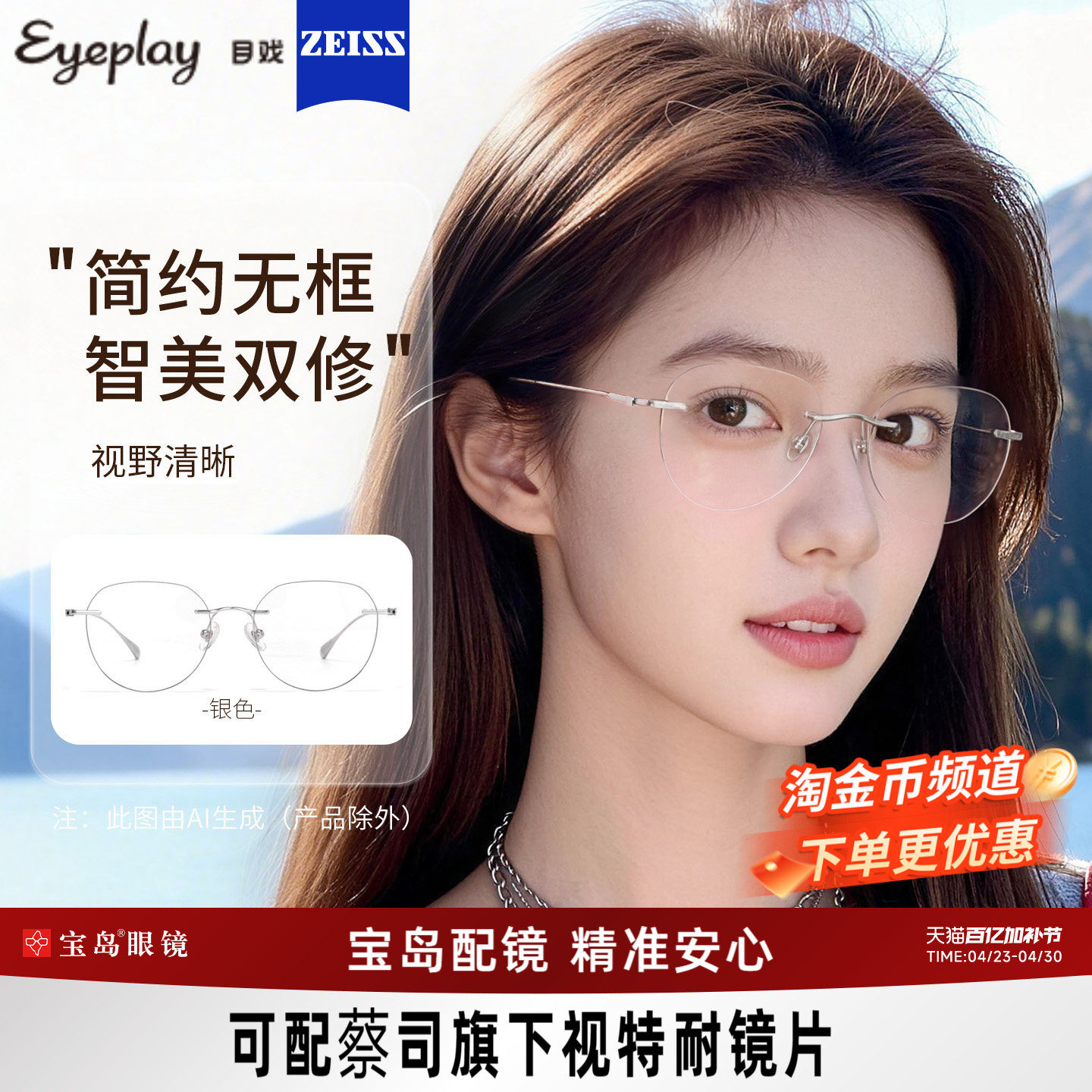 目戏高智感无框近视眼镜女可配度数可选防蓝光眼镜框镜架男23007