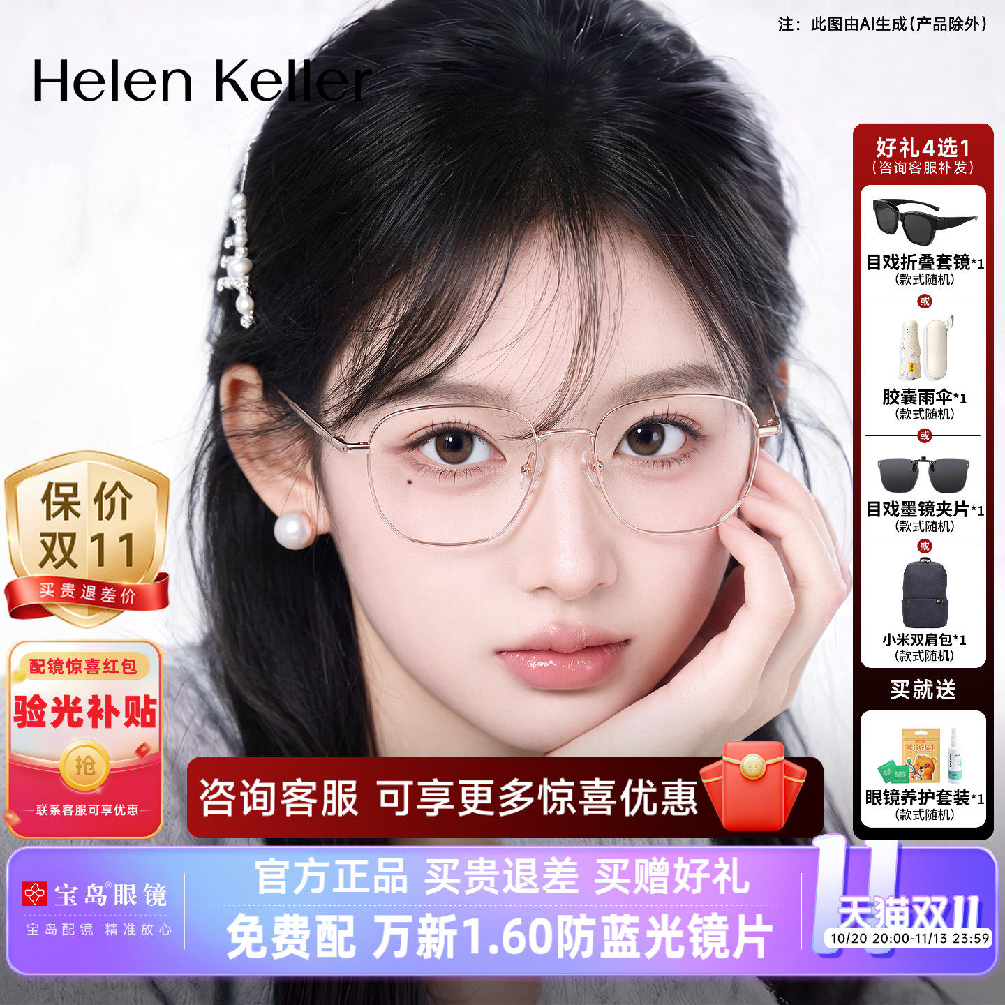 海伦凯勒近视眼镜框方框修颜细框男女可配度数镜片光学镜架H82104