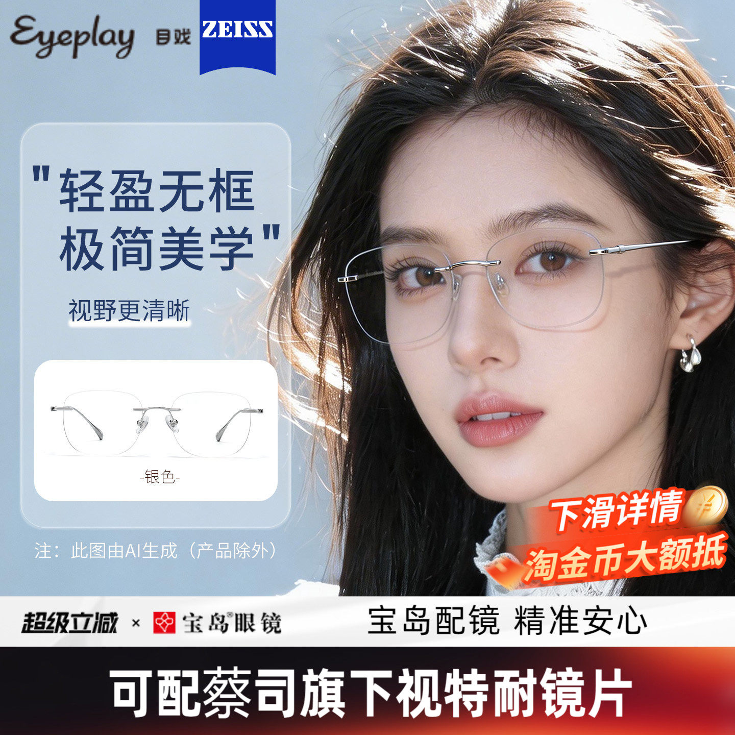 目戏清冷无框近视眼镜女