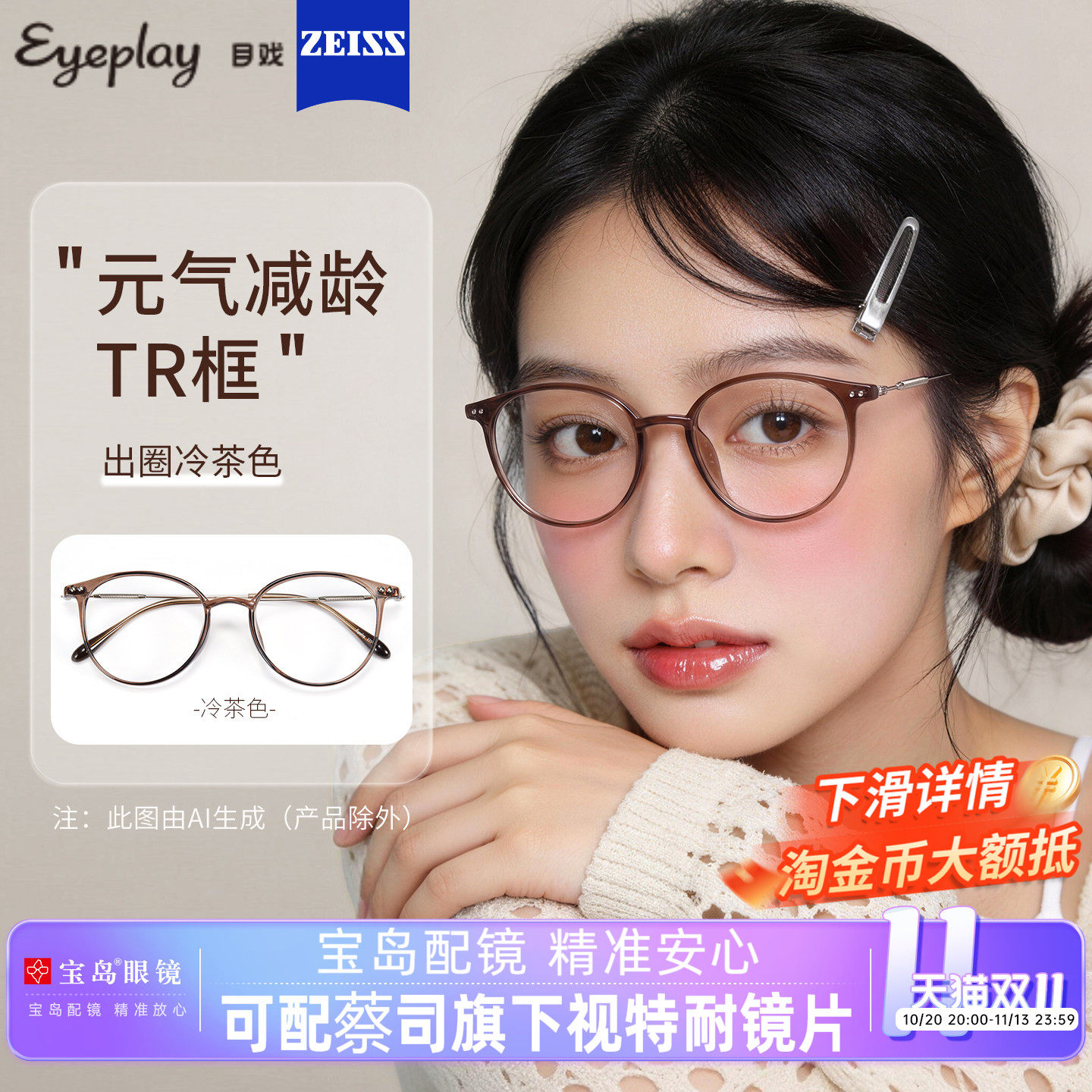 目戏冷茶色眼镜近视女可选防蓝光可配镜片度数眼镜框镜架圆框5007