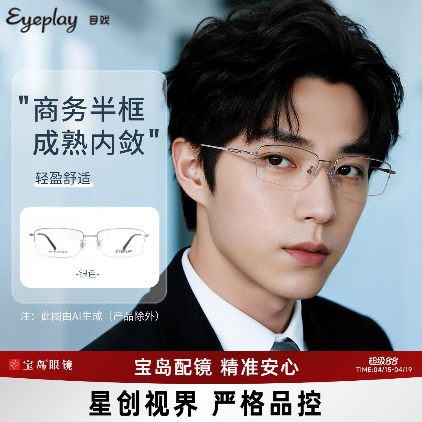 目戏半框眼镜钛合金镜腿防蓝光辐射男士商务可配近视度数宝岛1014