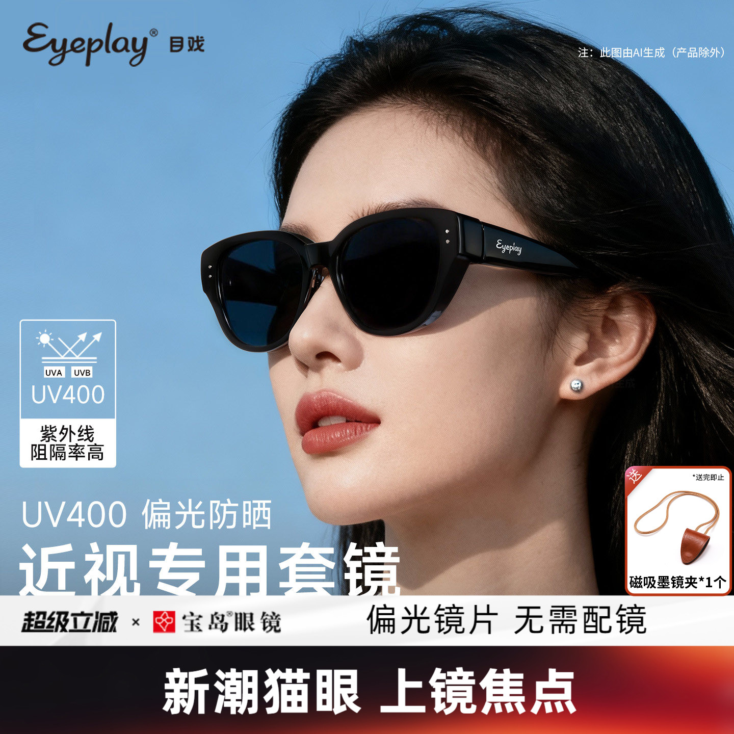 目戏太阳镜套镜偏光防晒猫眼女款图片