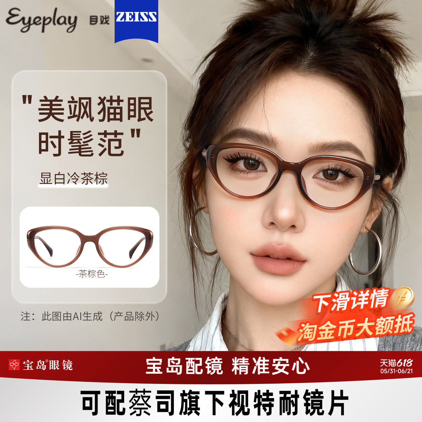 目戏猫眼黑框近视眼镜女可配度数可选防蓝光镜片眼镜框镜架71006