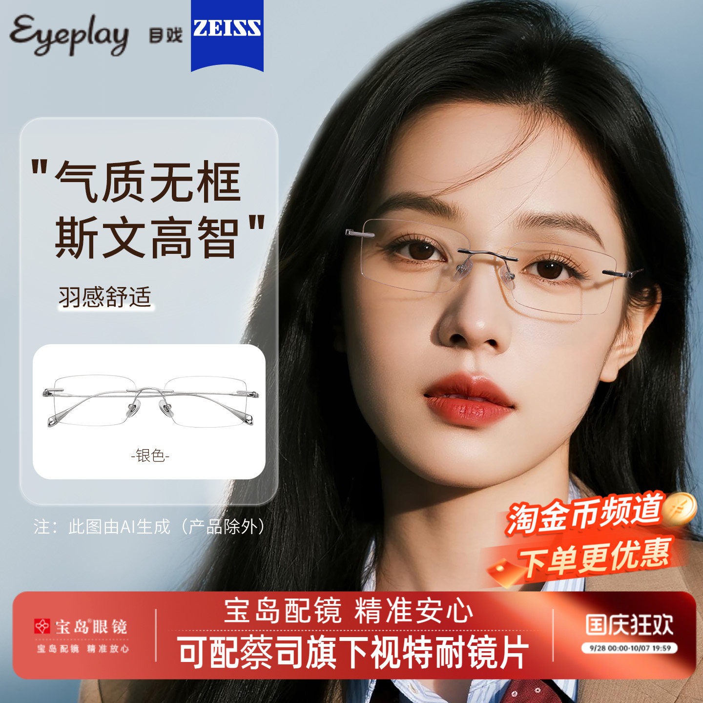 目戏超轻无框近视眼镜女可配度数