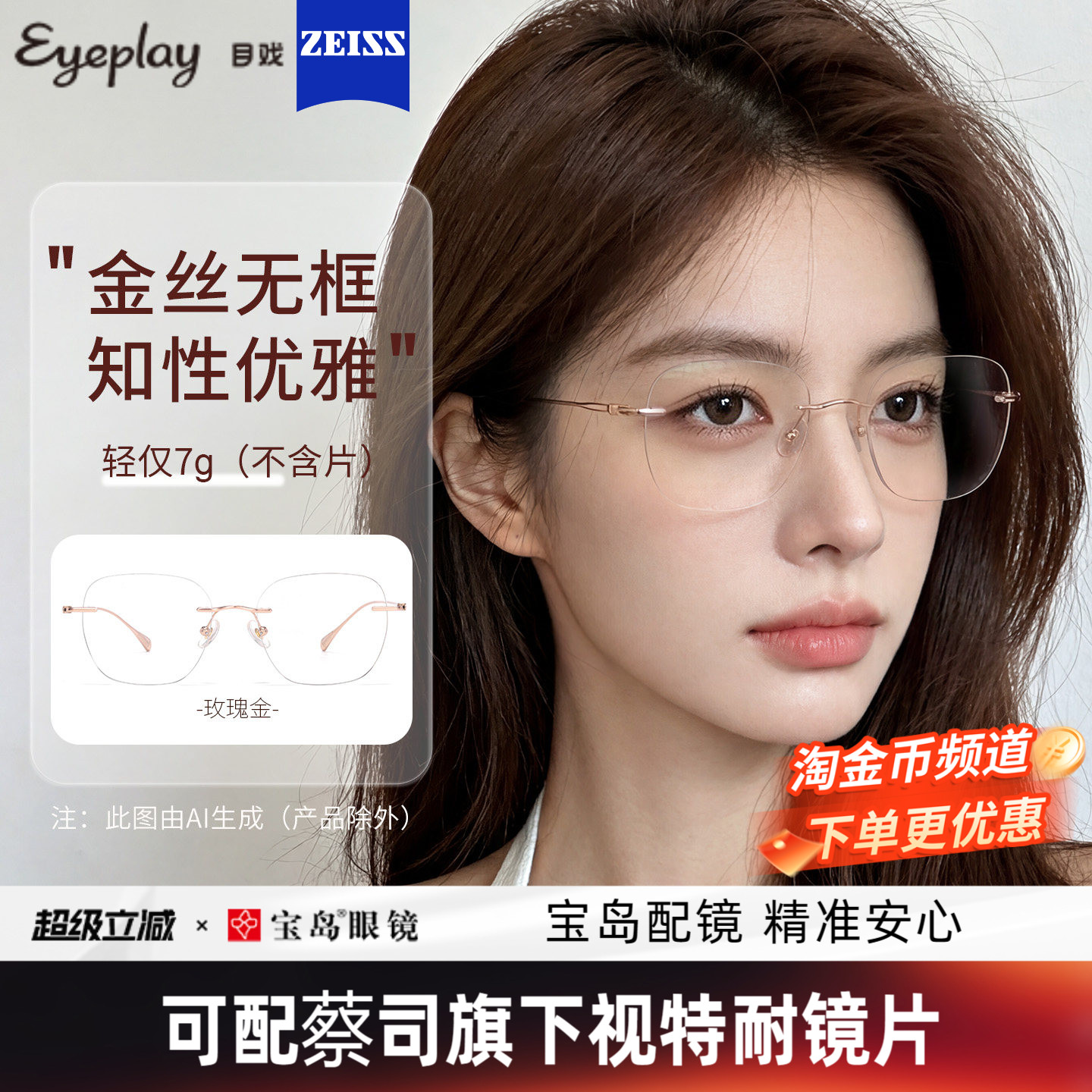 目戏无框眼镜女近视可配度数可选防蓝光无边框眼镜框镜架23004
