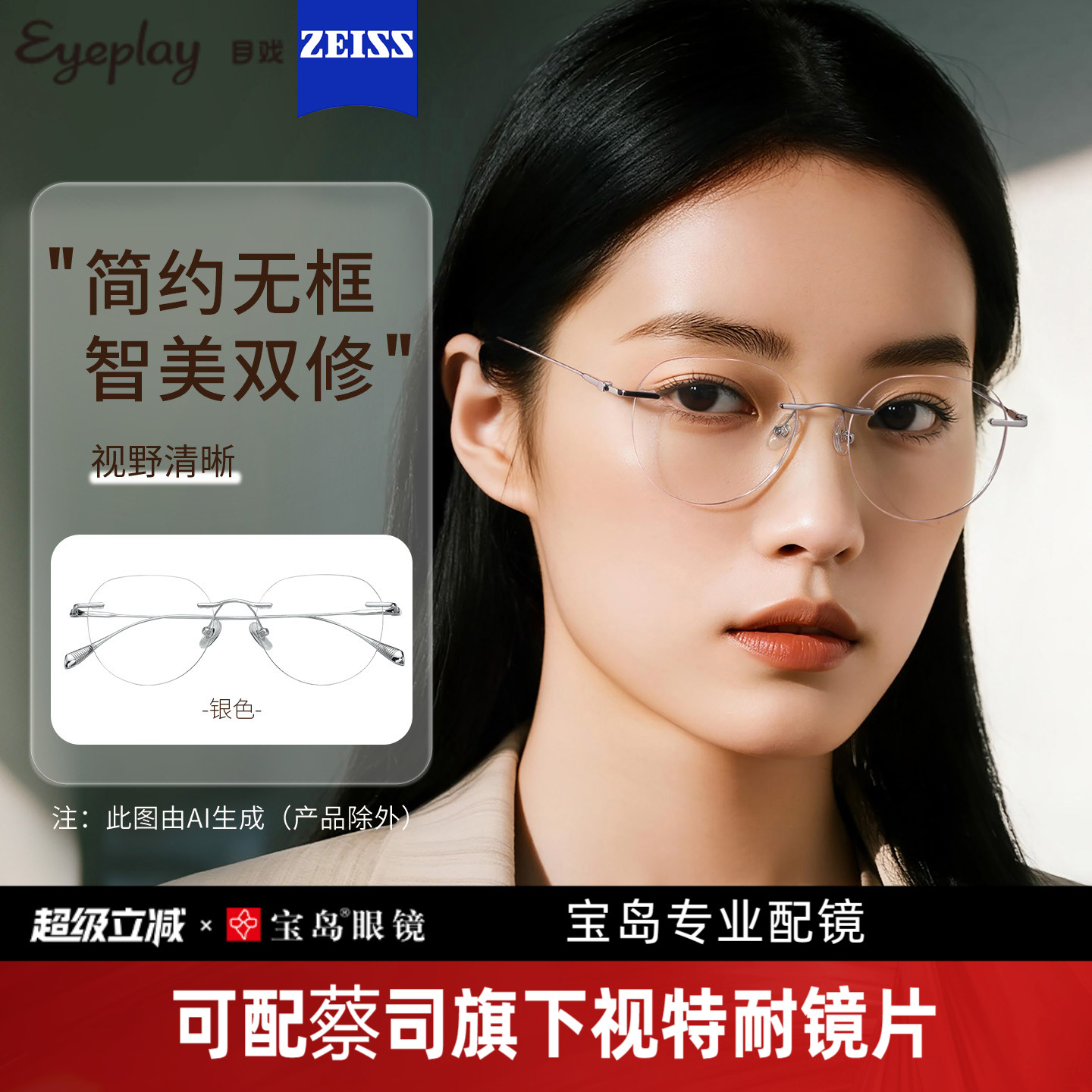 目戏高智感无框眼镜可选蔡司镜片