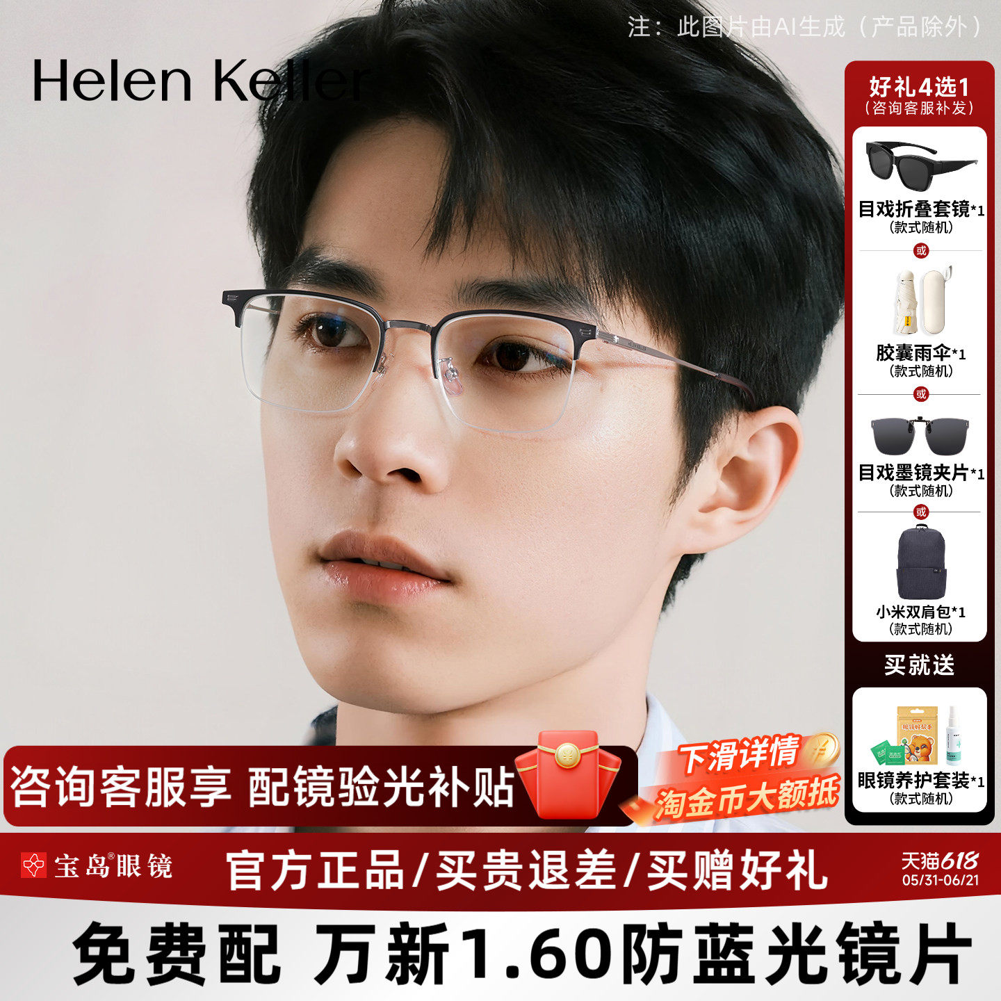 海伦凯勒近视眼镜框男休闲商务深邃内敛半框可配度数镜架H82071