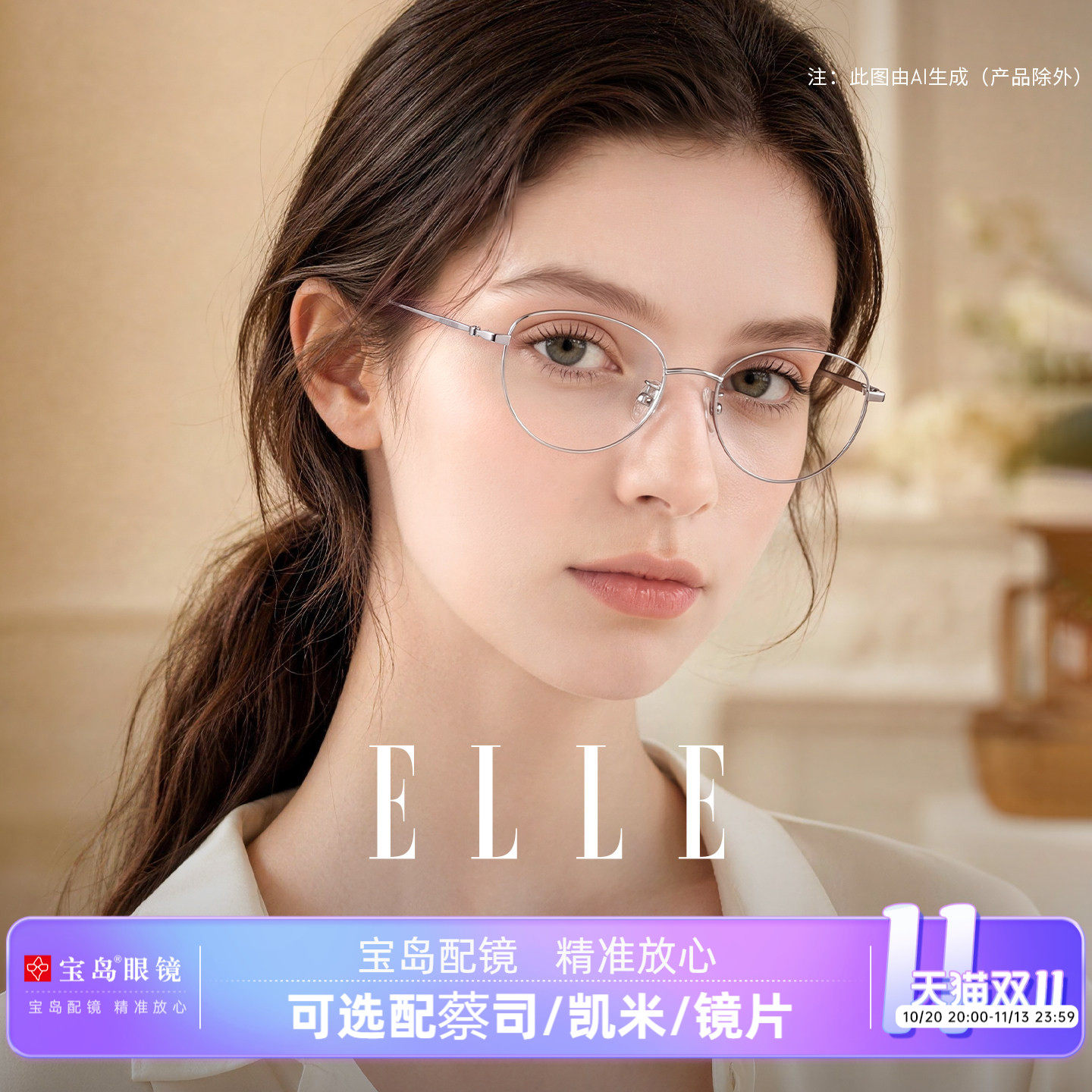 ELLE金属猫眼近视眼镜框架女可配度数可选蔡司镜片防蓝光眼镜7029