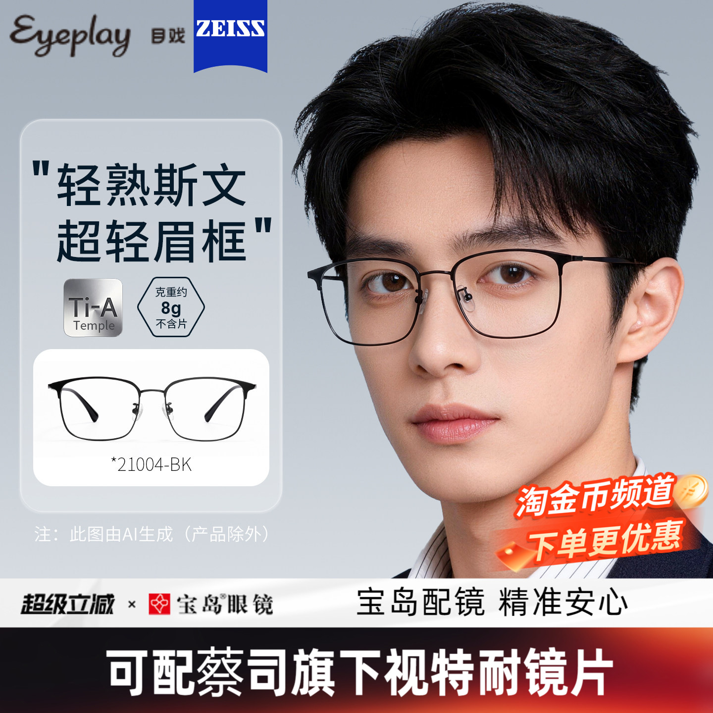 目戏近视眼镜可配蔡司度数可选钛合金网上配眼镜框镜架男21004