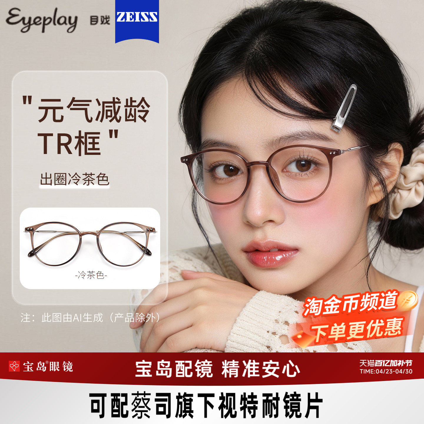 目戏冷茶色眼镜近视女可选防蓝光可配镜片度数眼镜框镜架圆框5007