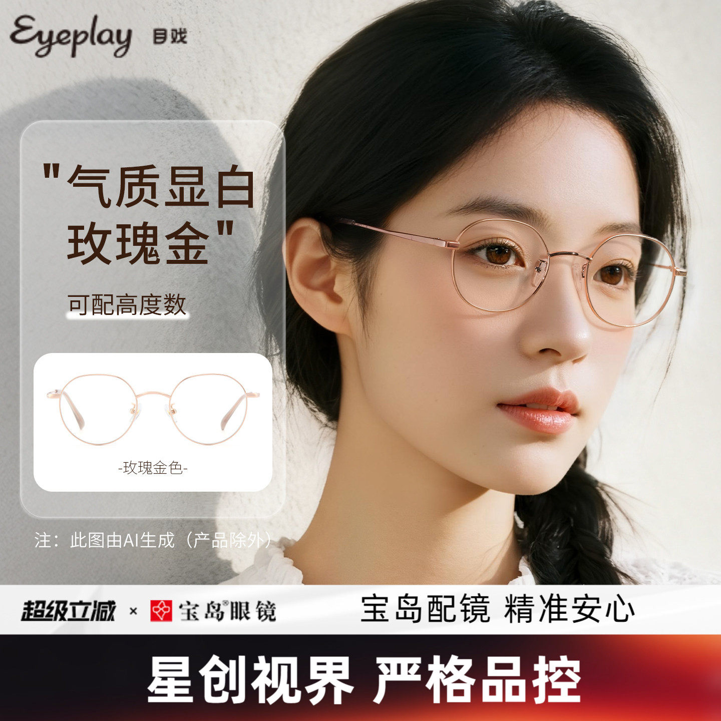 目戏近视眼镜小框圆框可配度数可选防蓝光镜片眼镜框镜架女1045
