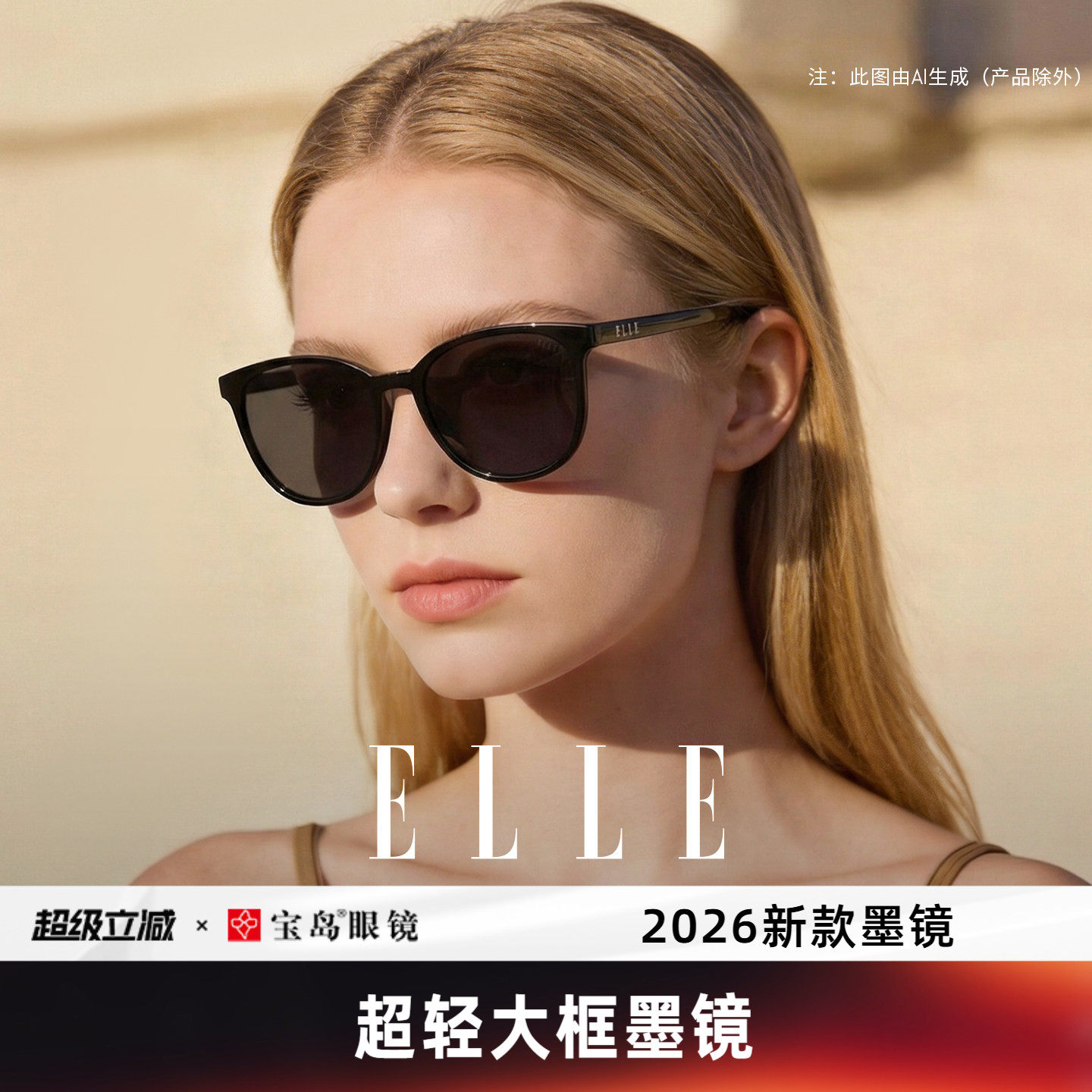 ELLE超轻细框墨镜女大框显脸小防紫外线太阳镜高级感防晒眼镜3010