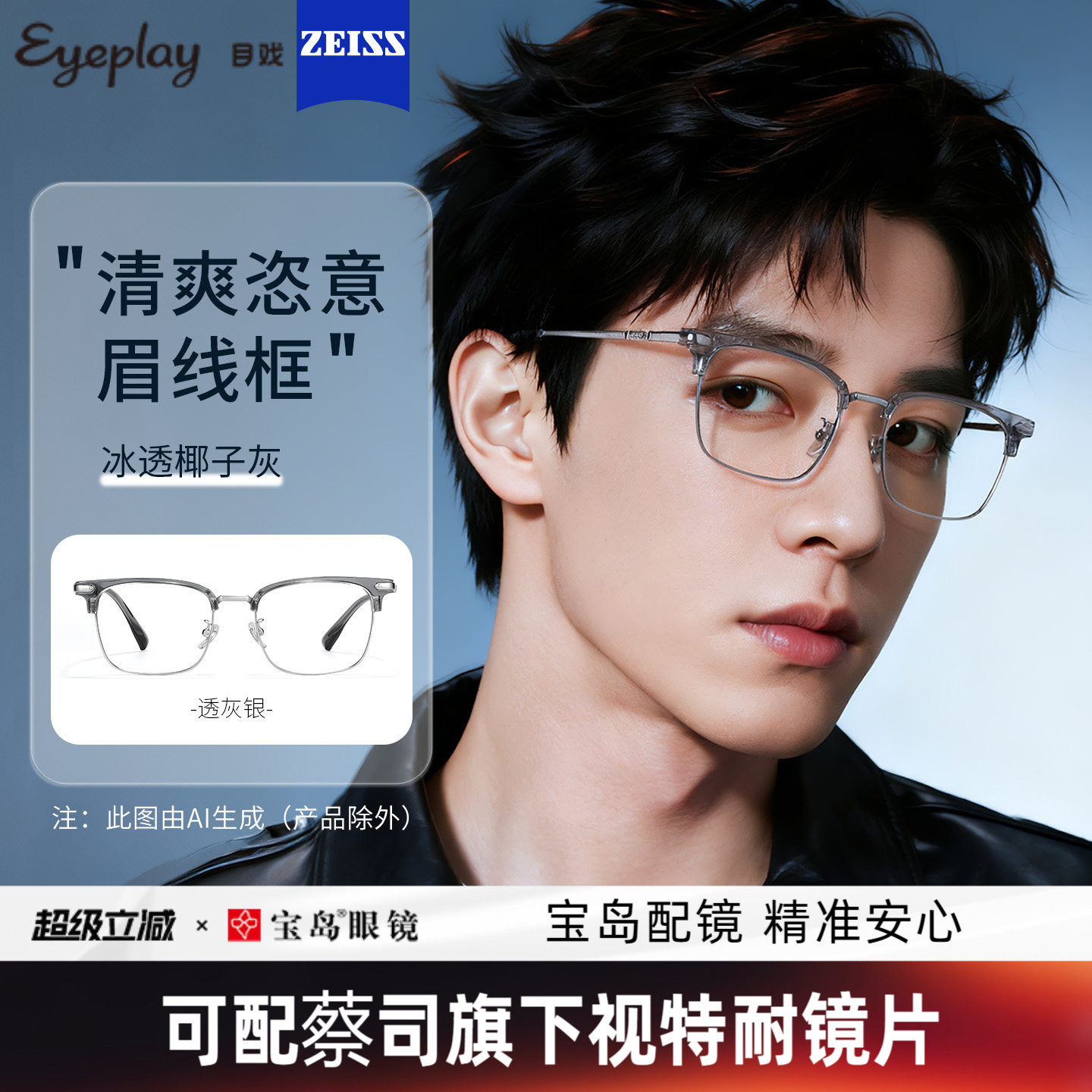 目戏透明斯文近视眼镜可配蔡司度数可选防蓝光眼镜框镜架男71009 - 实物图