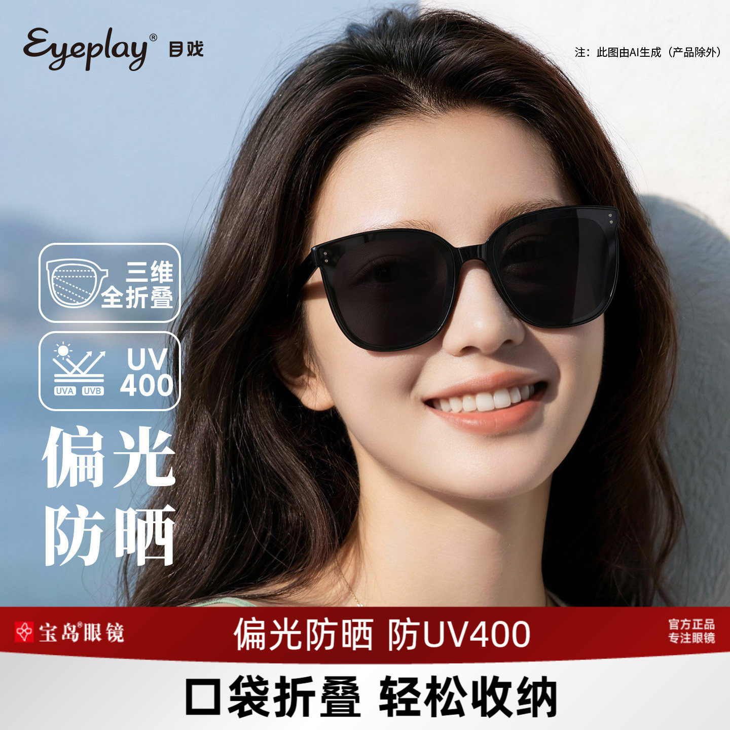 目戏折叠墨镜女高级感时尚防晒防紫外线太阳镜女款偏光太阳镜男士