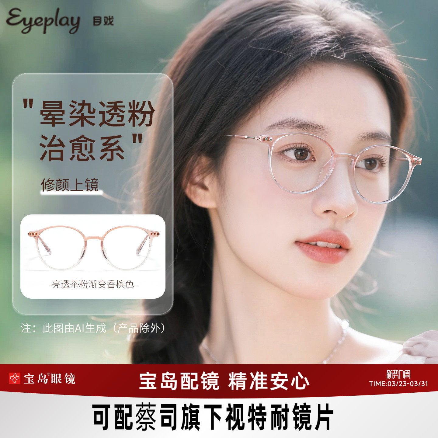 目戏少女粉眼镜近视女可选防蓝光可配度数镜片眼镜框镜架5007C4