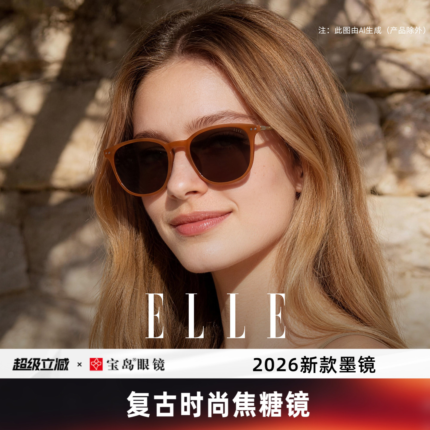 ELLE超轻舒适复古焦糖镜墨镜女士2026新款高级感开车防紫外线6019