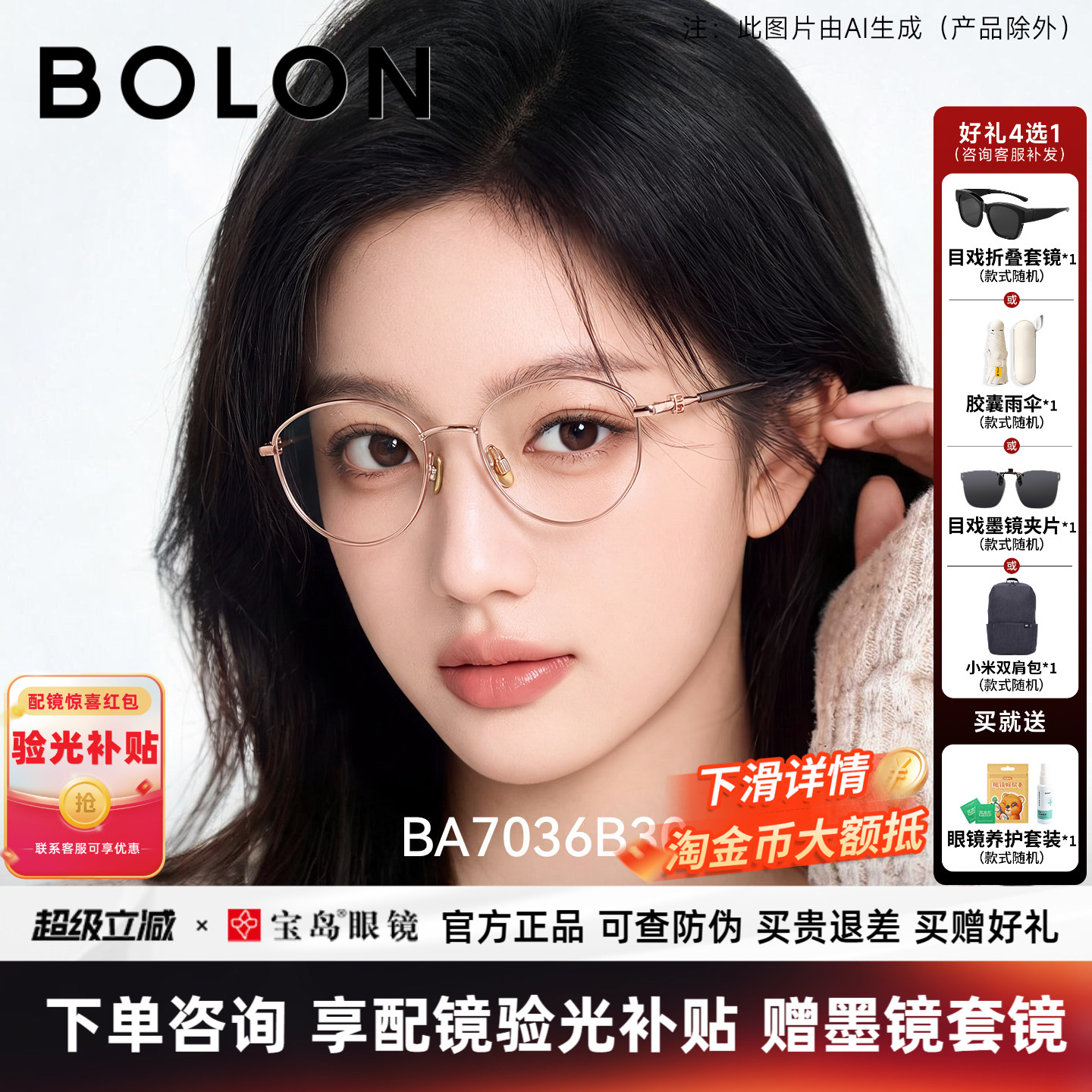 暴龙近视眼镜框新品椭圆框女猫眼书呆子钛合金光学镜架BA7036