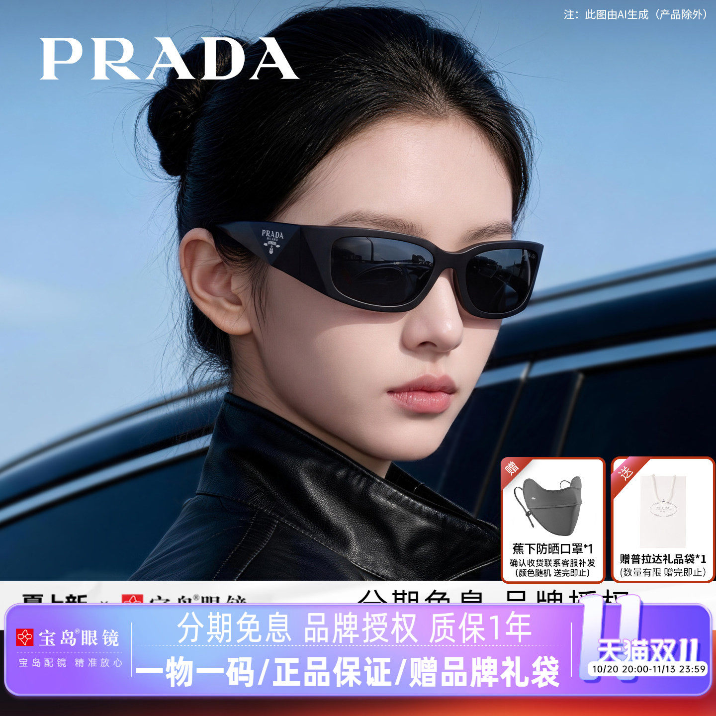 PRADA普拉达墨镜发箍太阳镜小窄方框护目镜男女潮流遮阳眼镜A14S
