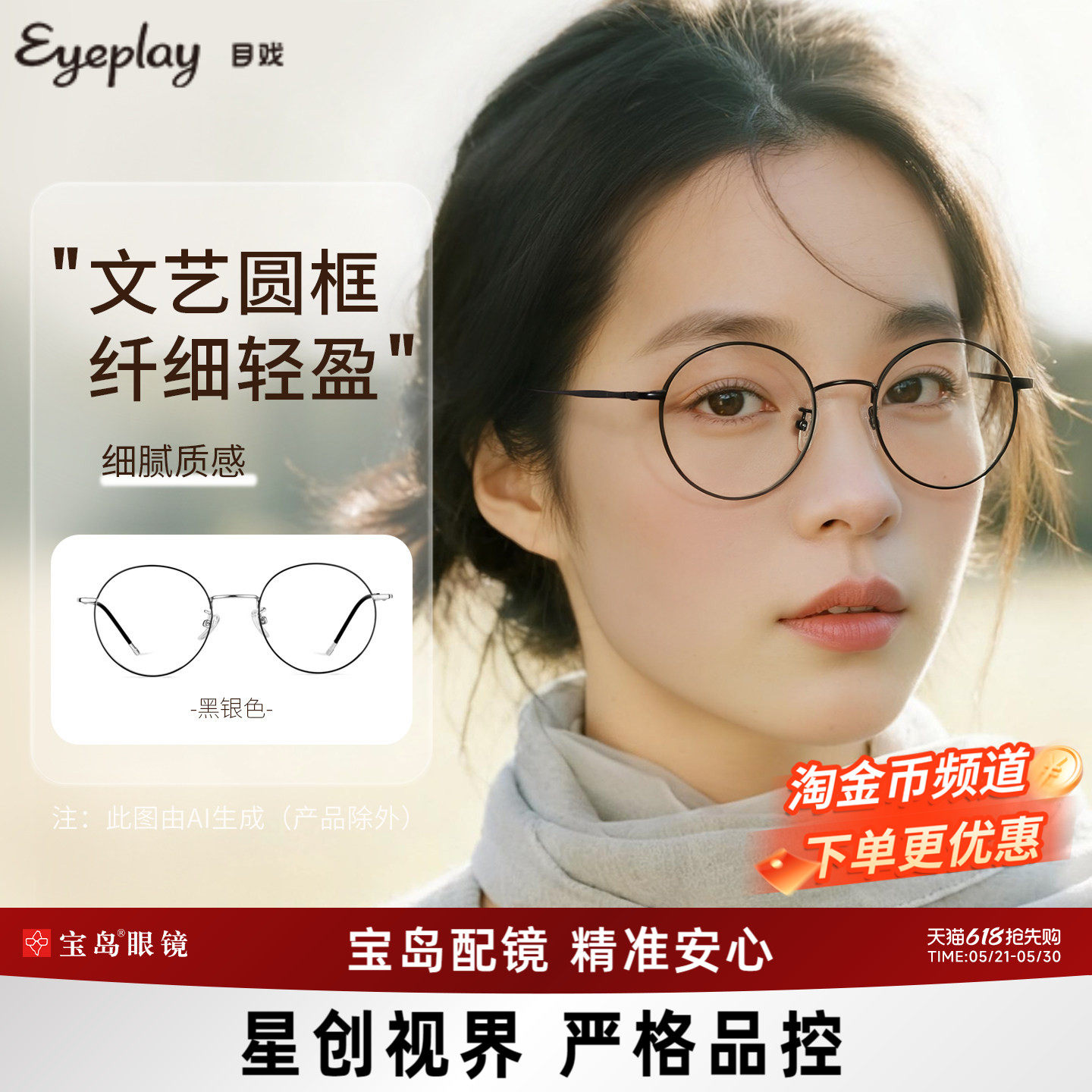 目戏圆框眼镜网上配镜近视可配度数散光可选防蓝光镜片宝岛1025