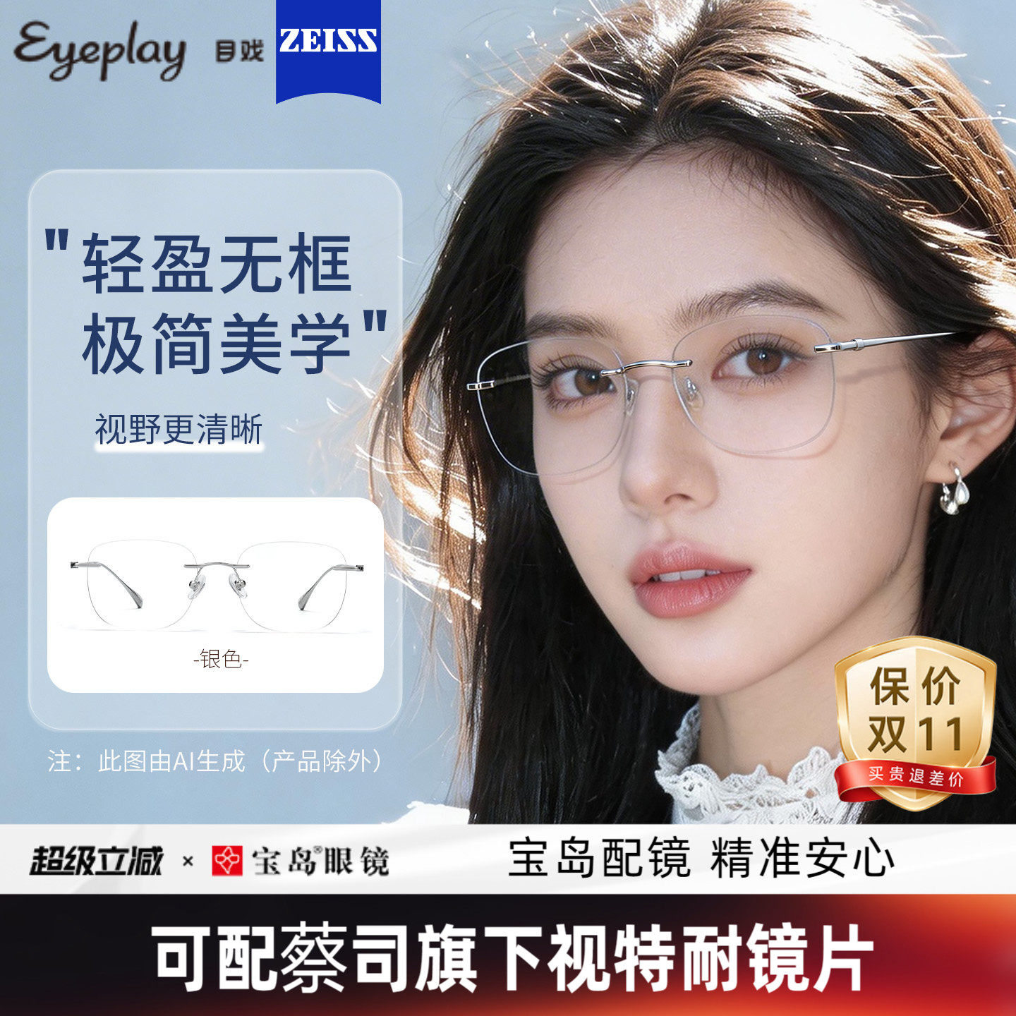 目戏无框眼镜女近视可配度数可选蔡司镜片无边框眼镜框镜架23006