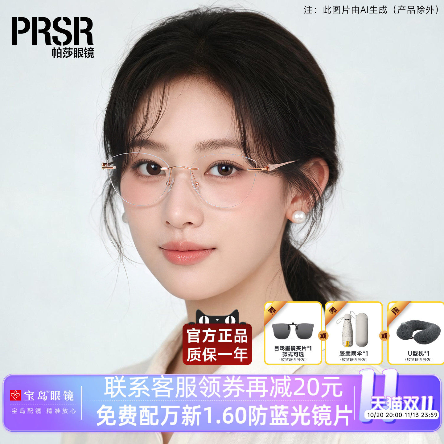 帕莎眼镜框女士轻盈无框眼镜架可配近视带度数镜片PJ79013/79022